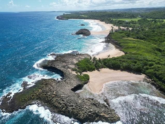 Vista aérea de la costa noroeste: puntas de roca oscura, calas de arena clara y mar azul con olas